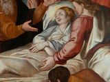 an image of a painting of a group of people sitting around a bed