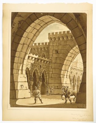un vieux dessin représentant un château, avec un homme et une femme devant