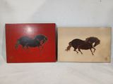 two paintings of horses are shown on a white surface