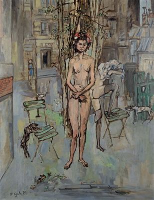 un tableau représentant une femme nue debout dans une cour