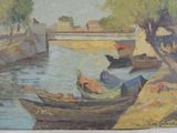 a painting of a boat on the water with people in it