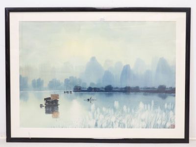 a picture of a painting of a boat on the water