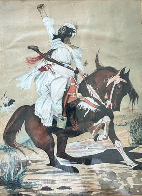 a painting of a man riding a horse with a sword