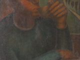 painting of a man sitting at a table drinking from a glass