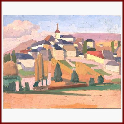 l'image d'un tableau représentant un village avec une église à l'arrière-plan