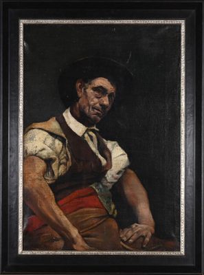 a painting of a man in a hat and vest holding a knife