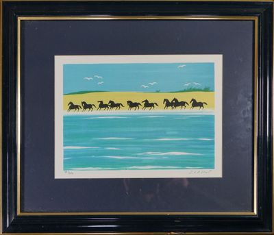 Serge LASSUS (1933). Chevauchée au bord de l'eau. Lithograhie sur papi