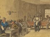 tableau représentant un groupe de personnes dans une pièce où se trouve une table de billard
