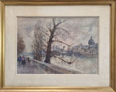 an image of a painting of people walking on a snowy path