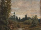 l'image d'une peinture représentant une rivière avec des arbres en arrière-plan