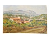 a painting of a village with mountains in the background