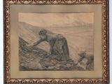 an old picture of a woman kneeling on a hill with a dog