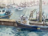 a painting of boats docked at a dock in the water