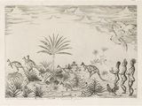 a black and white drawing of a man and a woman in the desert