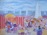 une peinture de personnes sur la plage avec des parasols