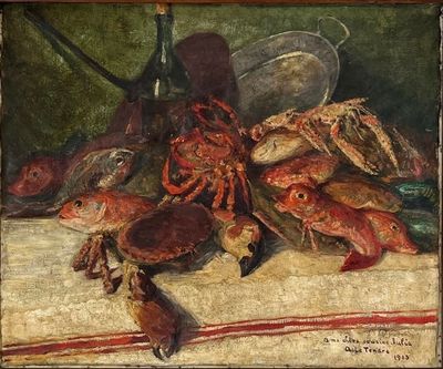 un tableau représentant des homards et des palourdes posés sur une table