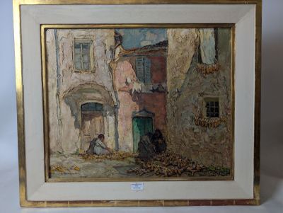 une image représentant un tableau représentant une scène de rue avec un homme et un chien