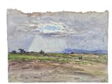 watercolor painting of a cloudy sky over a field with trees