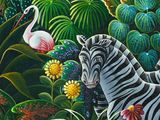 a painting of zebras and flamingos in the jungle