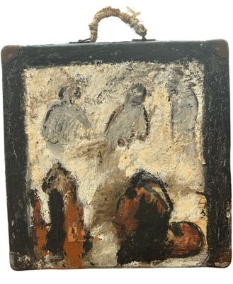 une image représentant une peinture d'une valise sur laquelle figurent les portraits d'un homme et d'une femme