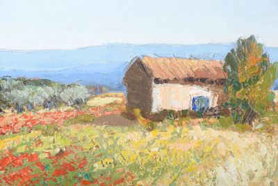 une peinture d'une grange au milieu d'un champ