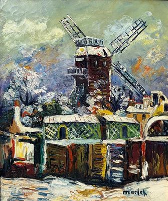 peinture représentant un moulin à vent par temps de neige