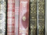 several old books are lined up in a row on a shelf