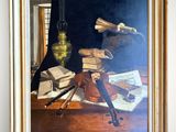 a picture of a painting of a violin on a table