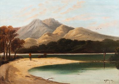 tableau représentant des personnes marchant sur une plage au bord d'un plan d'eau, avec une montagne en arrière-plan