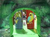 a inflatable bouncer with a picture of a giraffe and a bird on it