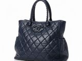 chanel navy blue quilted leather tote bag