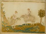 painting of two children feeding a sheep in a field