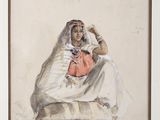tableau représentant une femme en robe blanche assise sur un coussin