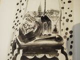 a black and white drawing of a chair with a clock on it