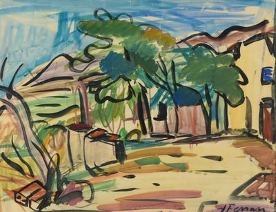 un tableau représentant un banc au milieu d'un parc