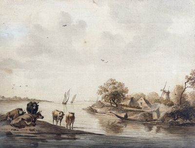 un tableau représentant un homme et deux animaux au bord d'une rivière