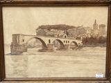 painting of a bridge over a body of water with a castle in the background