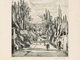 un vieux dessin représentant un homme qui descend une route à vélo