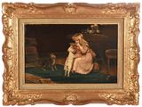 une image représentant un tableau où figurent une femme et un chien