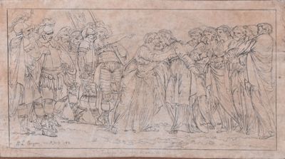 a drawing of a group of people standing in front of a wall