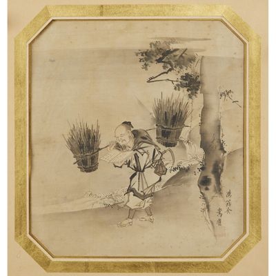 chinese ink painting of a man carrying a basket of flowers