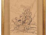 an image of a drawing of a man on a horse with a dog