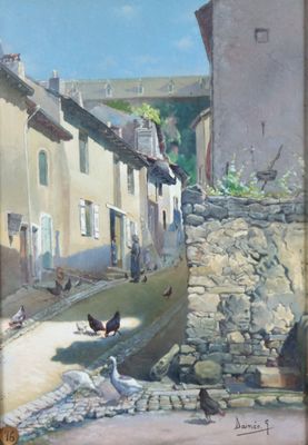 une peinture représentant une peinture d'une scène de rue avec des oiseaux