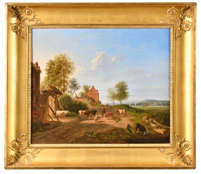 une image représentant un tableau représentant une scène de vie à la ferme avec des vaches et des moutons