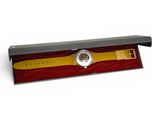wooden watch display case with yellow and red leather strap