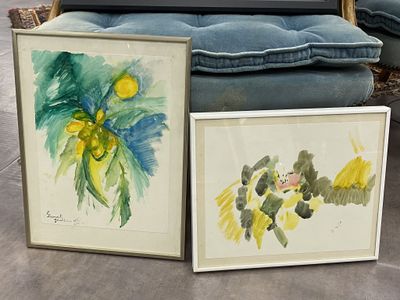 deux photos encadrées représentant des fleurs, posées par terre à côté d'un canapé
