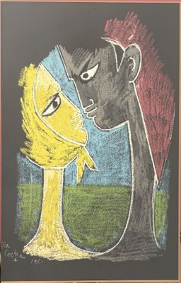 drawing of a man and a woman kissing in front of a blackboard