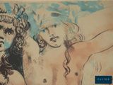 a drawing of two people with long hair and a hat on