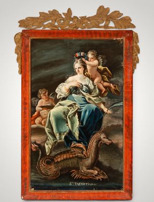 an image of a painting of a woman sitting on a dragon
