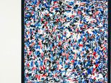 an abstract painting of blue, red, and white paint on a white wall